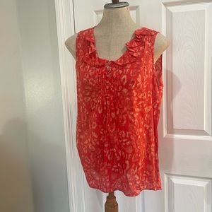 Ann Taylor loft sleeve top ruffle V-neck pleated 100% cotton red blouse womens S